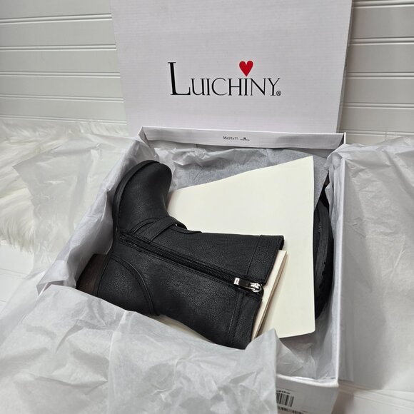 Luichiny Black Vegan Leather Moto Boots Women's "Mara Beth" Size 6 New In Box - Picture 2 of 10